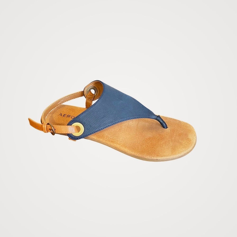 Aerosoles Chlock In‎ Navy Blue Tan Flat Thong Slingback Sandals Womens Size 9M